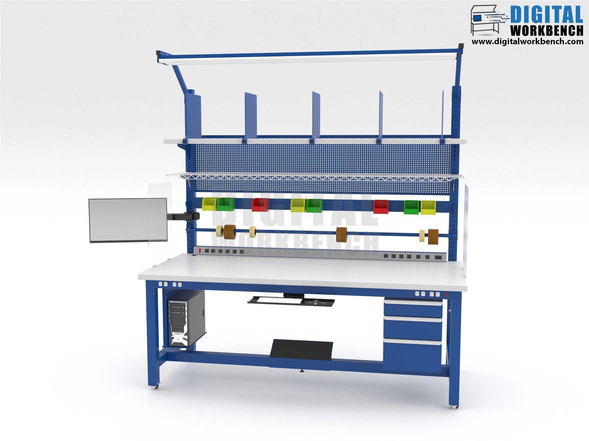 Industrial Workbench with three Drawers and blue frame by Digital Workbench