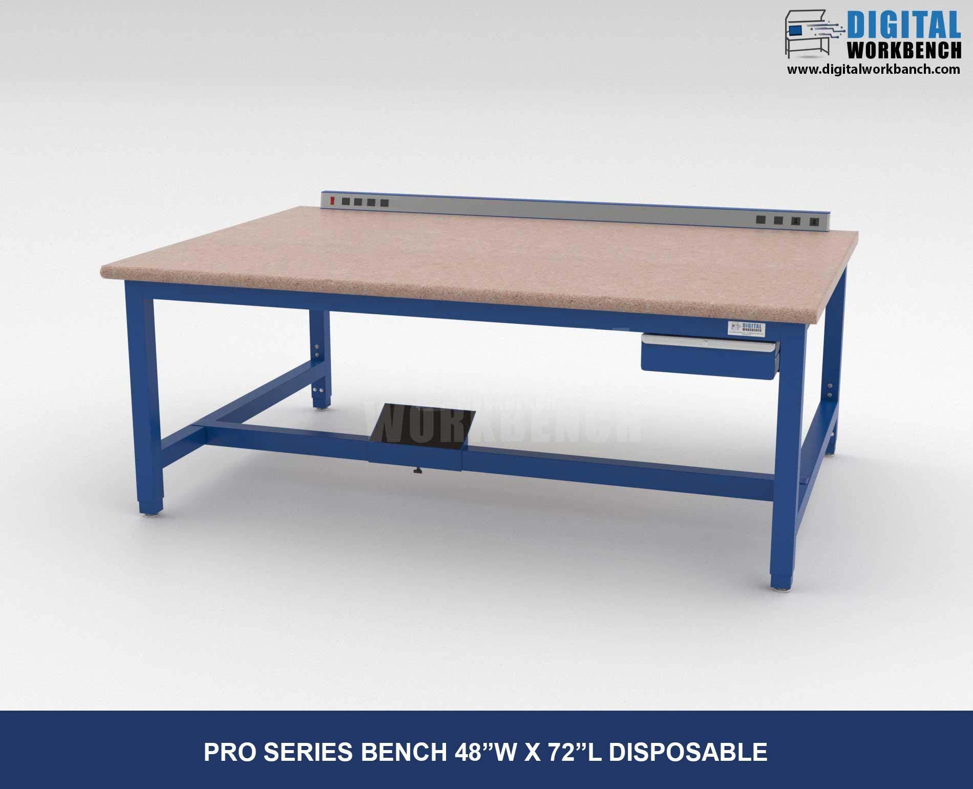 Pro Series Industrial Work bench, 72 inch Length, Disposable top, one drawer and footrest, by Digital Workbench - 48W x 72L