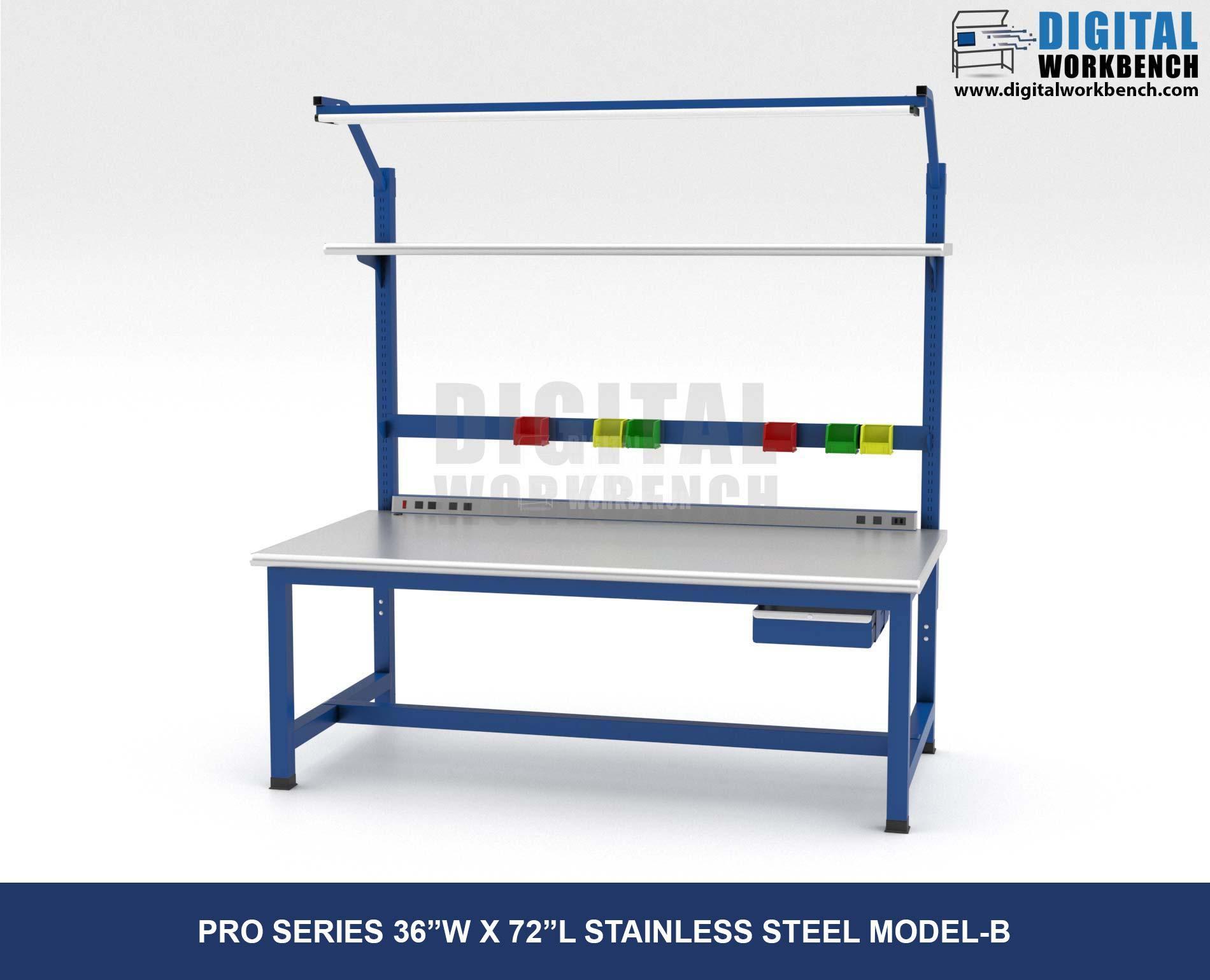 Pro Series Industrial Workbench Type model B, 72 inch Length, Stainless steel top, one drawer, by digital Workbench - 36W x 72L